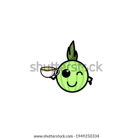 Cute Onion Drink Milk Cartoon Character Vector Illustration Design. Outline, Cute, Funny Style. Recomended For Children Book, Cover Book, And Other.