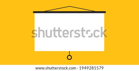 Hanging presentation screen. Empty board or billboard. Screen projector for cinema, movie, games and meetings. vector slide screen sign. Education empty canvas wall frame for meeting on school or work Royalty-Free Stock Photo #1949281579