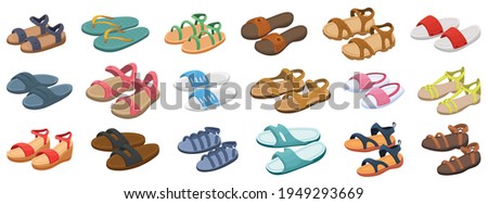 Fashion sandal vector illustration set on white background . Summer shoe of sandal cartoon vector set icon. Isolated cartoon icon summer footwear. Royalty-Free Stock Photo #1949293669