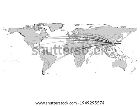 Digitally editable vector map showing  Nanchang, China's position on the world map, and its connections with other major cities. File is suitable for editing and printing of all sizes.