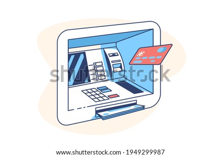Plastic credit card and ATM machine vector illustration. Automated teller machine with cash flat style design. Cash withdrawal. Banking technology. Isolated on white background Royalty-Free Stock Photo #1949299987