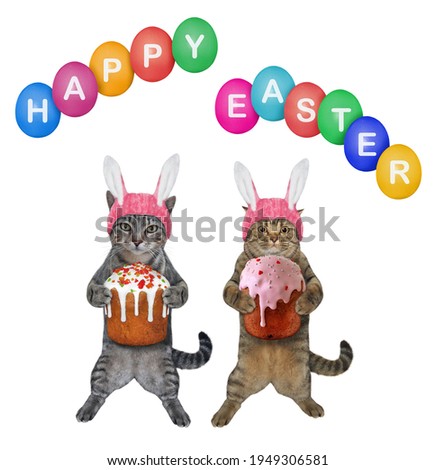 Two cats in pink easter bunny hats hold easter cakes. Happy easter. White background. Isolated.