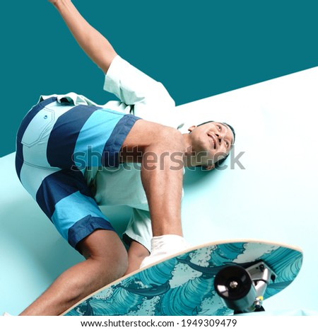 Surfers man having fun with surfboards or surf skate on a summer day. Free relax lifestyle