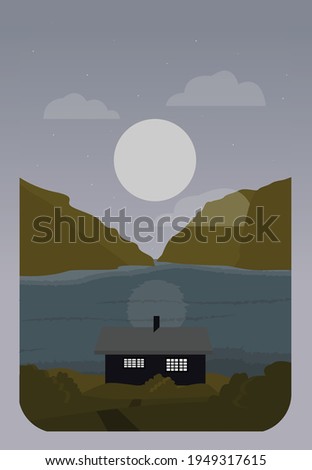 Night landscape with a full month. Vector flat illustration in calm colors. House on the holm by the lake. Design for cards, posters, backgrounds, textiles, templates, cartoons.