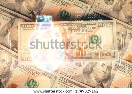 Double exposure of heart drawing over usa dollars bill background. Concept of medical education.