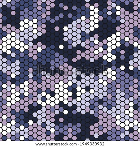 Camouflage seamless pattern with violet hexagonal geometric camo ornament
