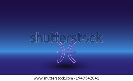 Neon zodiac pisces symbol on a gradient blue background. The isolated symbol is located in the bottom center. Gradient blue with light blue skyline