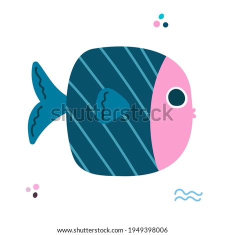 Vector children's illustration, blue striped cute fish isolated on a white background with graphic elements.