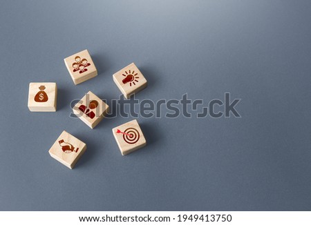 Blocks with attributes of a successful business. Company foundation. Development of leadership organizational skills. Search for investments, human resources and technologies. Useful acquaintances. Royalty-Free Stock Photo #1949413750