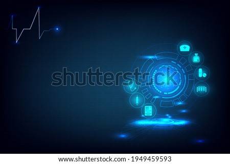 Abstract Medical technology with medicine icon on dark blue background. Template of biology and chemical line and dot connection. Hearth rate pulse line with blank space. Blue and clean scientific.
