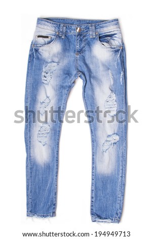 Light blue vintage ripped boyfriend jeans isolated on white Royalty-Free Stock Photo #194949713