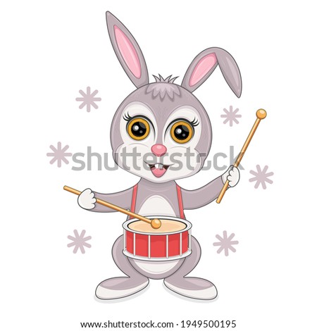 Isolated vector illustration of a hare playing a drum.