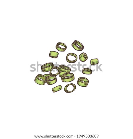 Chopped green onion flying in air, isolated cartoon drawing