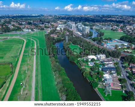 Panoramic Aerial Drone view of Cooks River in Western Suburban Sydney NSW Australia
