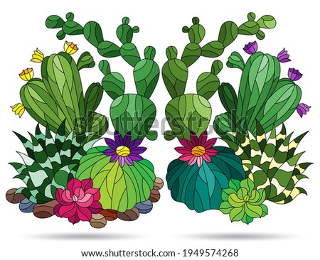 Set of illustrations in the style of stained glass with compositions of cacti, plants isolated on a white background