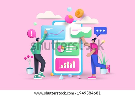 3D Data Analysis, business, finance and mobile web design concept, user interface optimization. 3D vector illustration Royalty-Free Stock Photo #1949584681