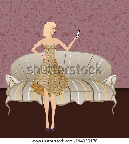 Selfie. Smiling girl making a photography of herself with mobile phone. Photography tendencies and trends for your design. Beautiful young woman posing in vintage dress with triangle pattern. 