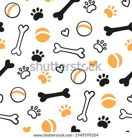 Seamless dog pattern with bones, paw prints, balls and hearts. Dog texture. Hand drawn vector illustration in doodle style on white background