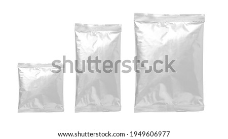 Foil plastic bags isolated on white background. Packaging template mockup collection. . Aluminium coffee package.