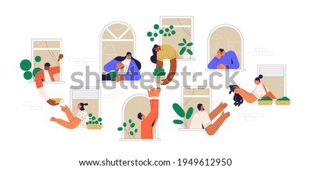 Neighbors sharing things and helping each other through open windows of house. Concept of good neighborhood, people's unity, mutual aid and support. Colored flat vector illustration isolated on white Royalty-Free Stock Photo #1949612950