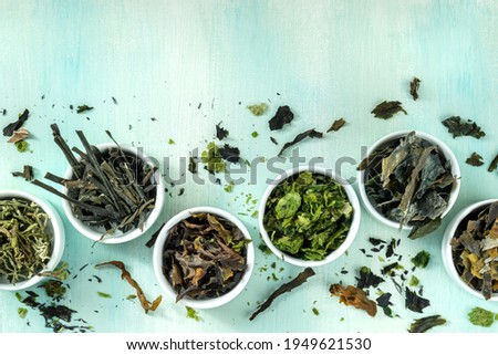 Sea vegetables, edible seaweed, shot from above on a blue background