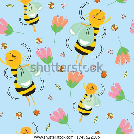 Cheerful vector pattern with bees in flight, cute flowers and dots. Cute vector illustrations of happy characters, seamless texture. Summer background, print for children rooms, textiles, tableware