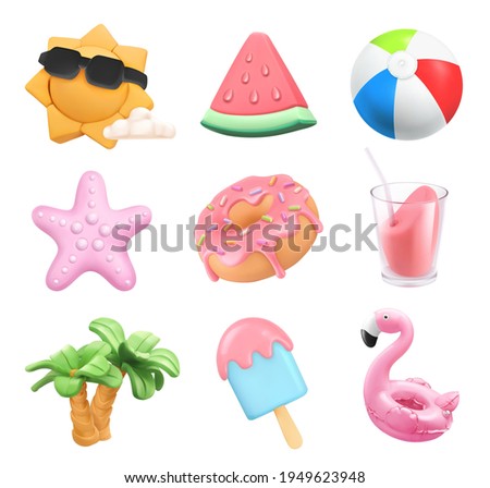 Summer icons set. Sun, ball, inflatable flamingo toy, watermelon, cocktail, palm trees, starfish, donut, ice cream. 3d vector plasticine art objects Royalty-Free Stock Photo #1949623948