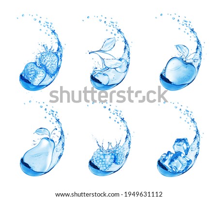 Fruits and berries made of water. Conceptual image isolated on white background 