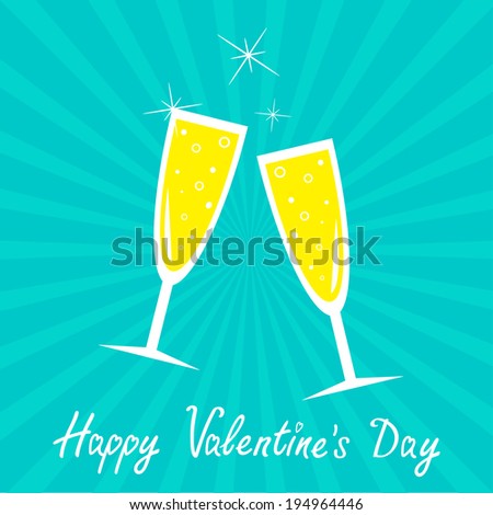 Champagne glasses. Blue background. Sunburst . Happy Valentines Day card. Rasterized copy