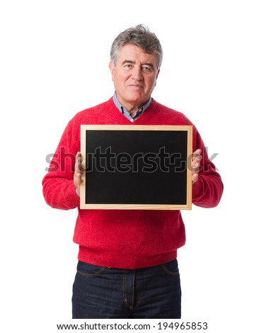 Happy man holding a blackboard