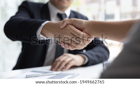 Employer or HR department welcomes new employees, Shaking hands with congratulations or achieving business and income success, selection of new staff representatives, Qualified, Hand shake concept.