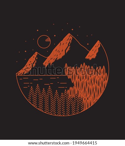Mountain , lake and forest in mono line art ,badge patch pin graphic illustration, vector art t-shirt design
