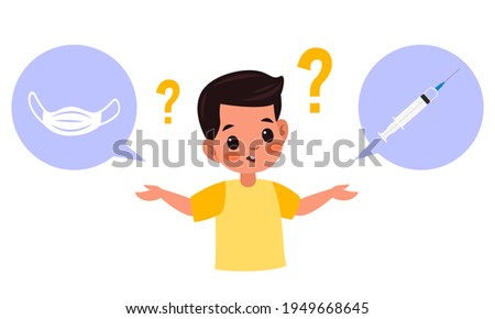Choice vaccine. Boy think about vaccines, better solution medical masks or vaccination, prevention covid-19 epidemic, formation of immunity from disease, vector cartoon isolated concept Royalty-Free Stock Photo #1949668645
