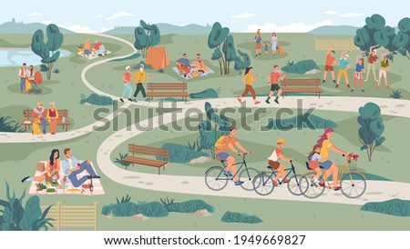 People in park leisure outdoor activity, family picnic and summer rest. Vector people sitting on bench, playing on lawn and riding bicycle, physical sport activities, elderly couple, parents with pram Royalty-Free Stock Photo #1949669827