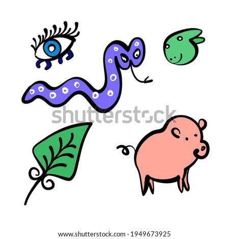 Hand Drawn Sketch Art Collection of Funny Colorful Cartoon Doodle. Animals, Plants, Symbols. Illustrations on White Backdrop