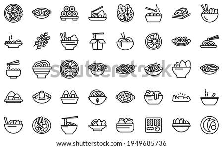 Korean cuisine icons set. Outline set of korean cuisine vector icons for web design isolated on white background Royalty-Free Stock Photo #1949685736