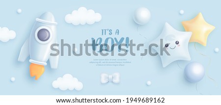 Baby shower horizontal banner with cartoon rocket and helium balloons on blue background. It's a boy. Vector illustration.eps Royalty-Free Stock Photo #1949689162