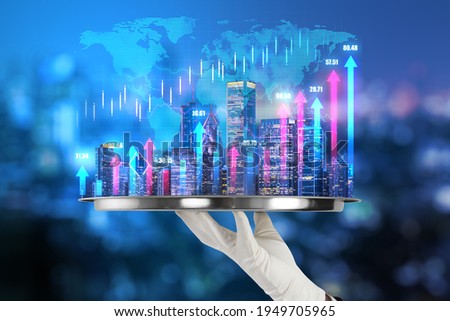 Ready made solution for real estate business concept with digital stock market growing arrows, candlestick and world map on city skyscrapers background on tray in human hand with white glove