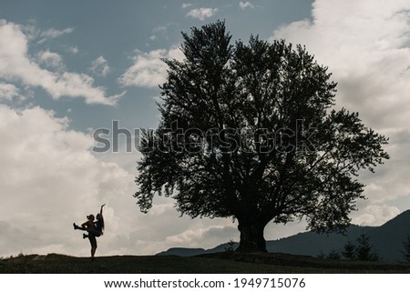 silhouette of a couple in love against the background of mountains, sky and tree