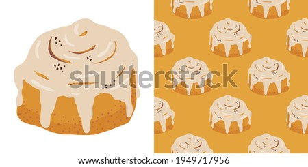 Cinnamon bun cartoon style vector illustration. Baked sweet roll isolated doodle icon on white background. Design clip art for cafe menu, flier, chalk board. Fresh Swedish kanelbulle swirl pastry.