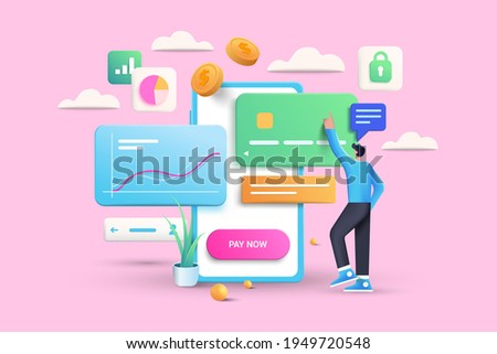 Mobile payment via credit card concept. Secure online payment transaction with smartphone. Internet banking via credit card on mobile. Protection shopping wireless pay through smartphone. 3D Vector Royalty-Free Stock Photo #1949720548