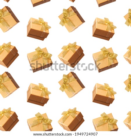 Seamless pattern with gold gift boxes isolated on white. Pattern for fabric print, wrapping paper design. New Year and Christmas background. Happy Mother's day, Inernational women day, Holiday design.