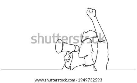 Strong woman continuous one line drawing. Continuous one line drawing long hair girl power pose. beautiful woman protesting vector Single continuous line drawing of  shouting loudly using megaphone Royalty-Free Stock Photo #1949732593