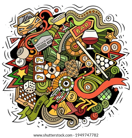 Casino cartoon vector doodle design. Colorful detailed composition with lot of gambling objects and symbols. All items are separate