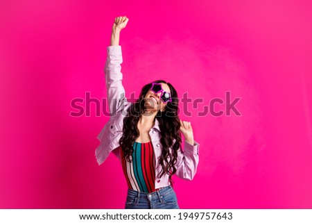 Photo of hooray brunette nice lady dance wear spectacles top jacket isolated on pink color background