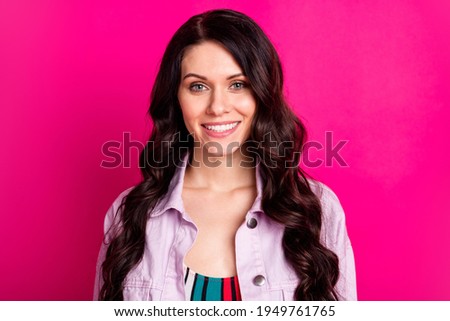 Photo of optimistic brunette nice lady wear light jacket isolated on vibrant pink color background