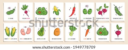Set of greeting cards Punny veggies with cute veggies and funny phrases. Collection of postcards with kawaii veggy and puns. Vector cartoon illustration. Royalty-Free Stock Photo #1949778709