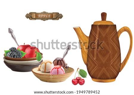 Wooden teapot with cups in ice cream and dish in apples cherry white background designs kitchen set
