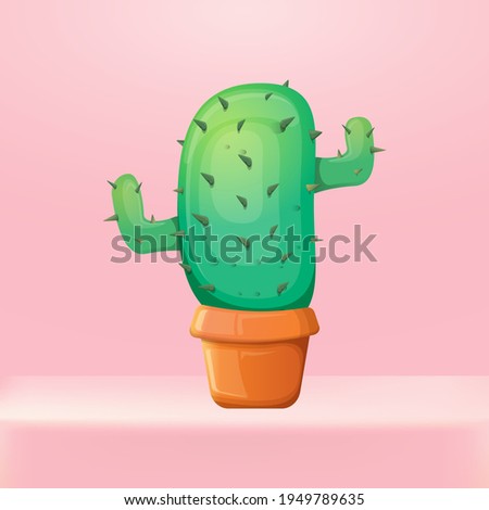 vector cartoon green cactus in a pot standing on pink studio table background. funny houseplant icon