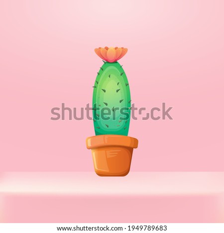 vector cartoon green cactus in a pot standing on pink studio table background. funny houseplant icon